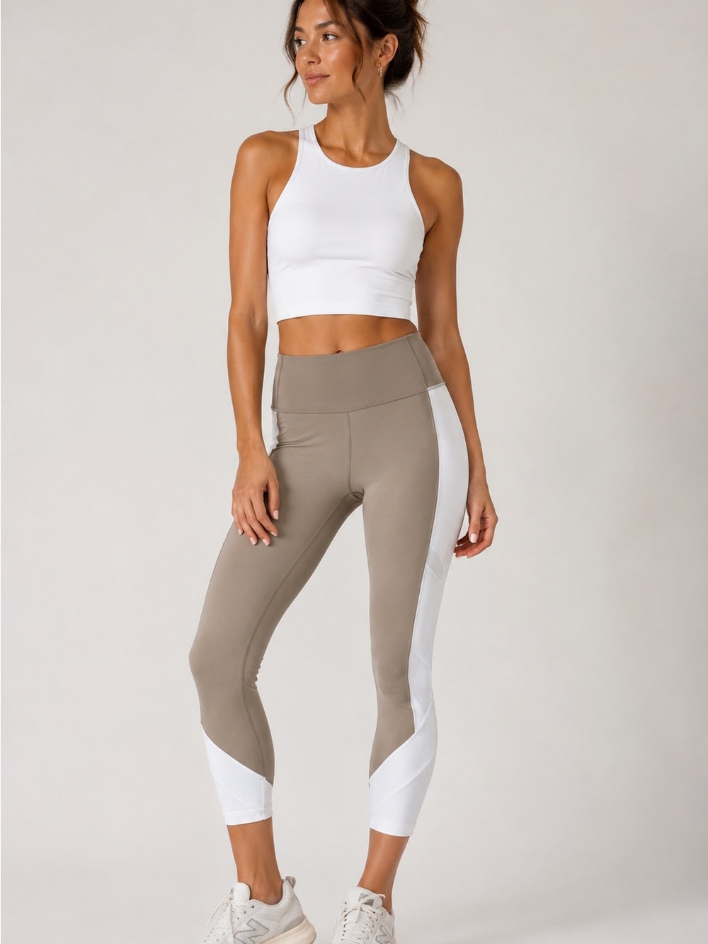 Athleta Taupe White Colorblock Crop Leggings Small High Rise Workout Yoga